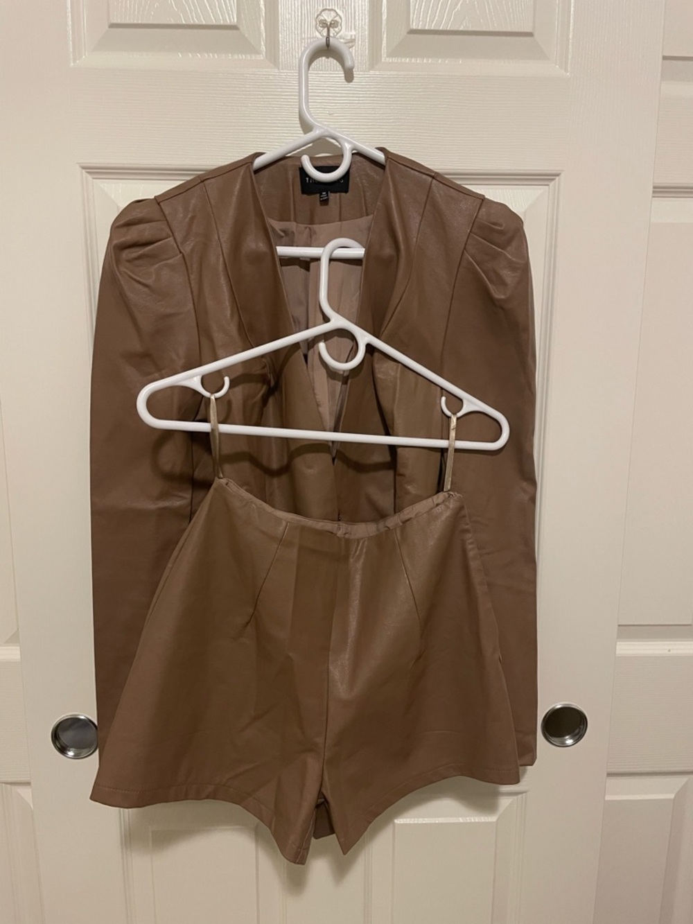 The SANG Tan Faux Leather Blazer with Matching High-Waist Shorts